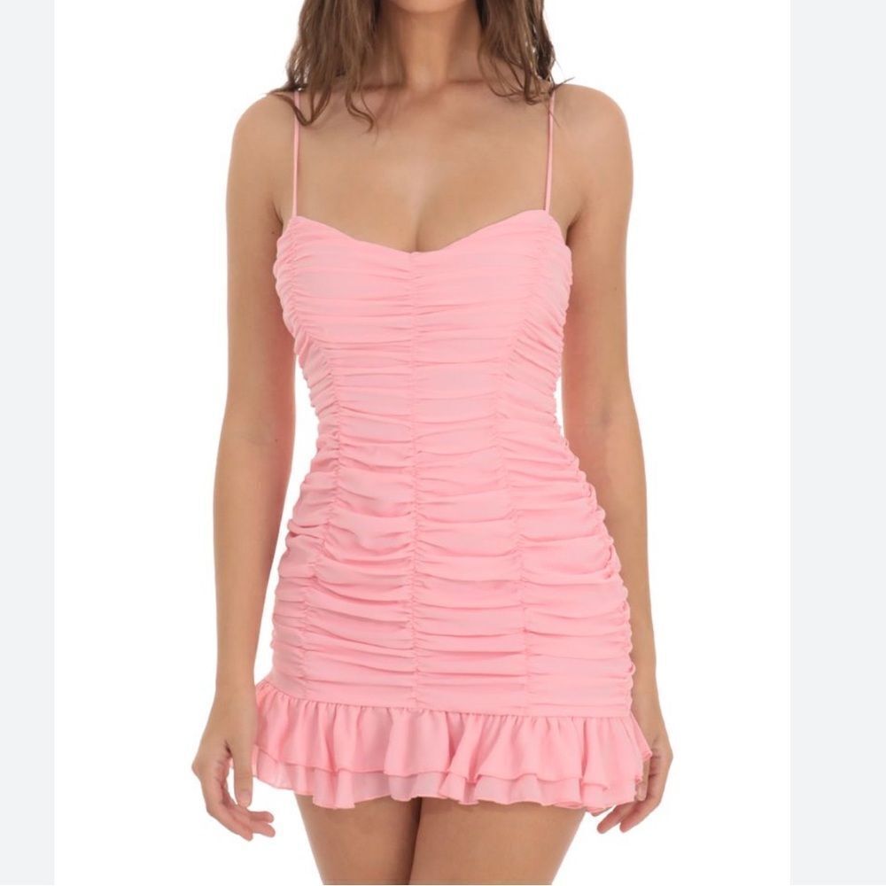Lucy in the Sky‎ Remi Ruched Bodycon Coquette Dress Pink Ruffle sz S Romantic